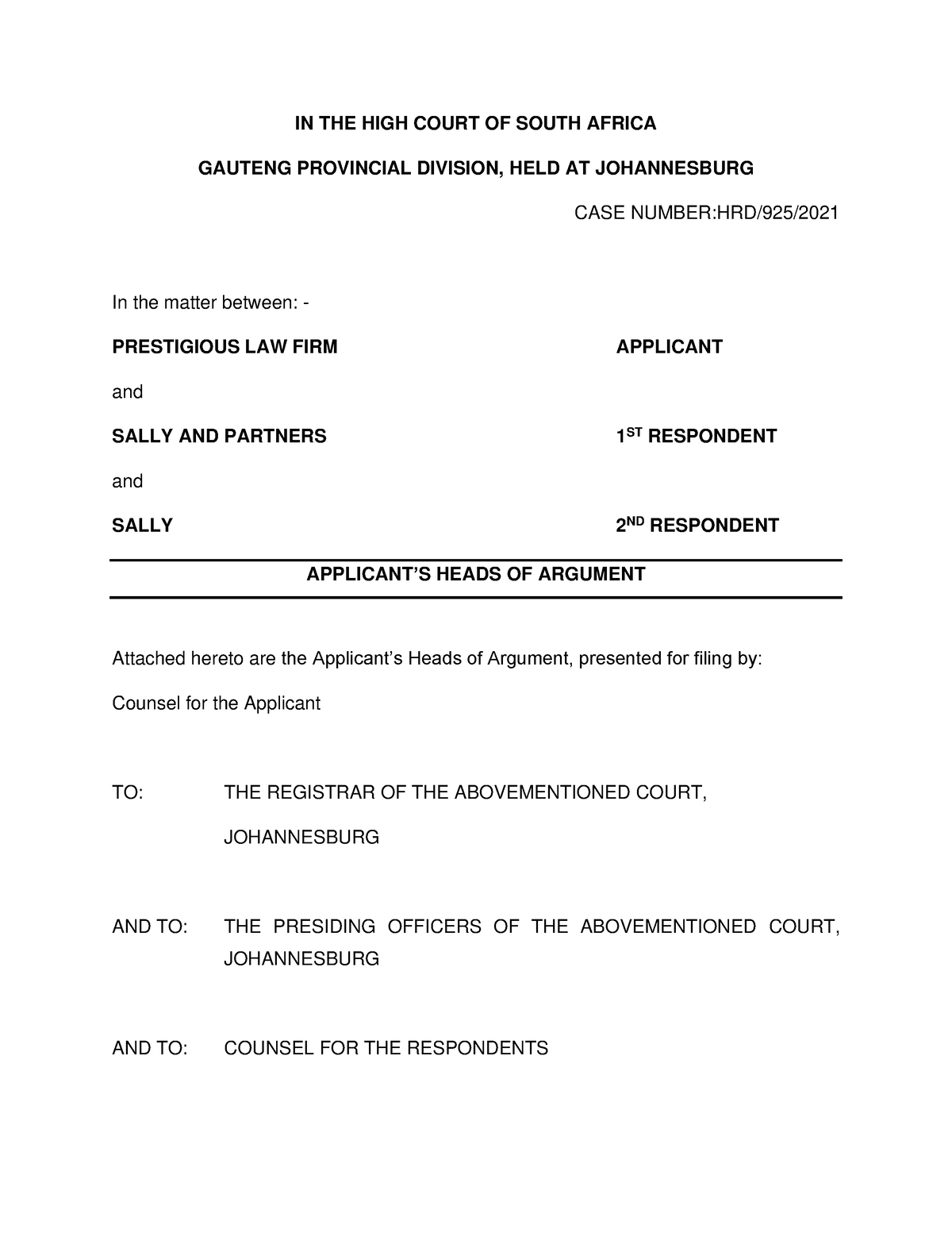 Heads Of Argument Example - IN THE HIGH COURT OF SOUTH AFRICA GAUTENG ...