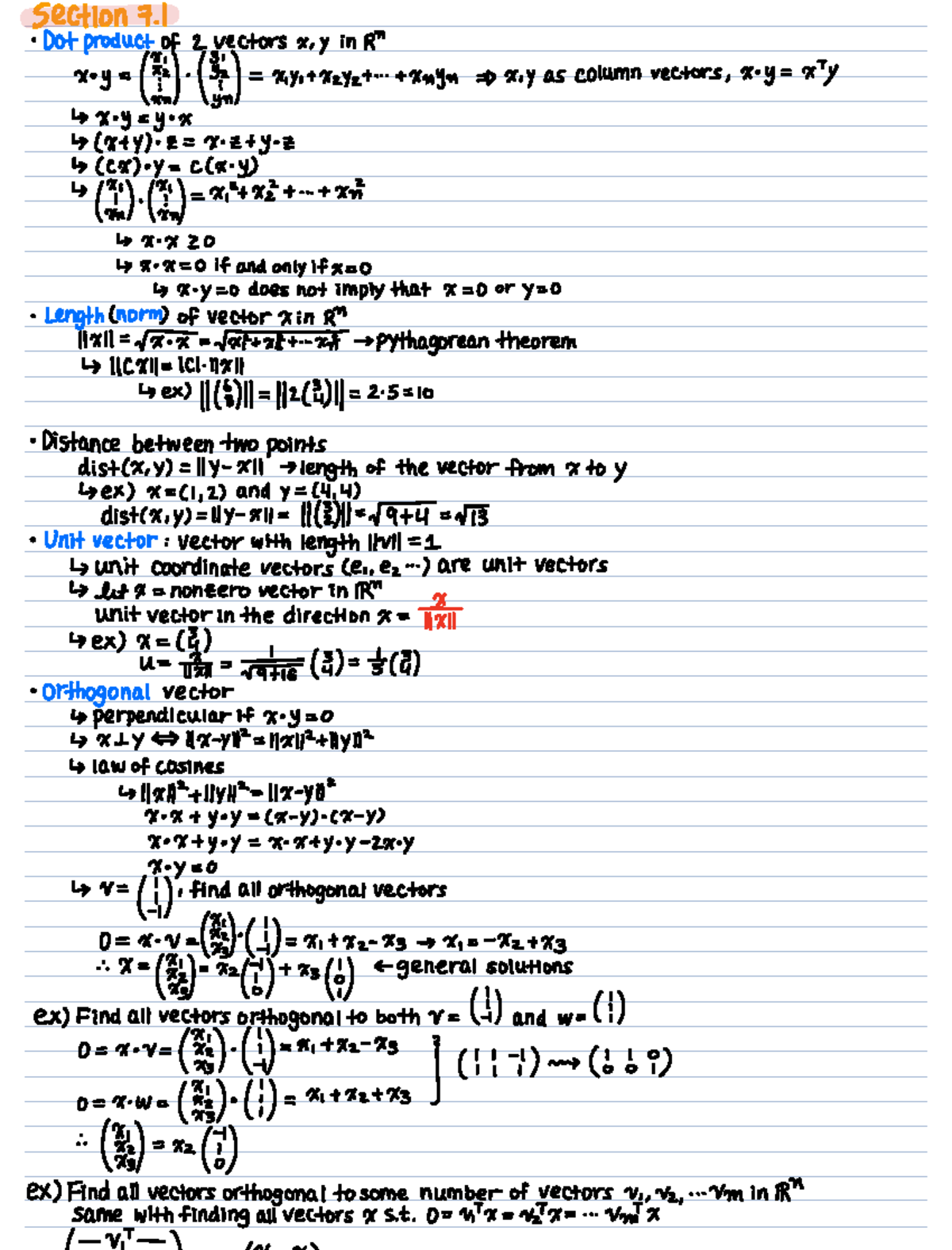 Section 7.1-7.5 Note - Summary Intro Linear Algebra - section 7I Dot ...