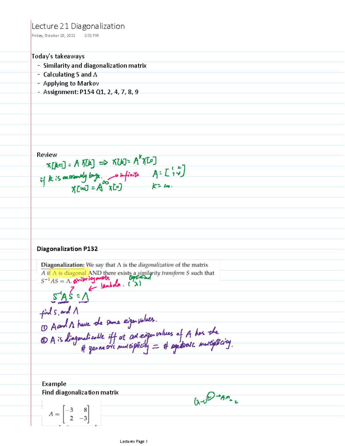 Lecture 21 Diagonalization - Today's Takeaways - Similarity And ...