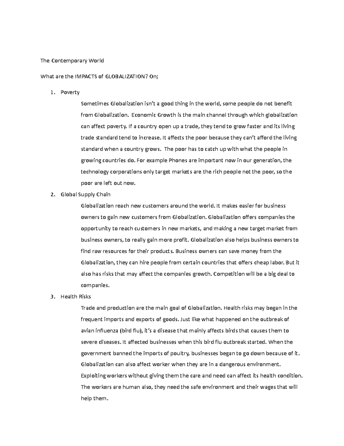 Impact OF Globalization - The Contemporary World What are the IMPACTS ...