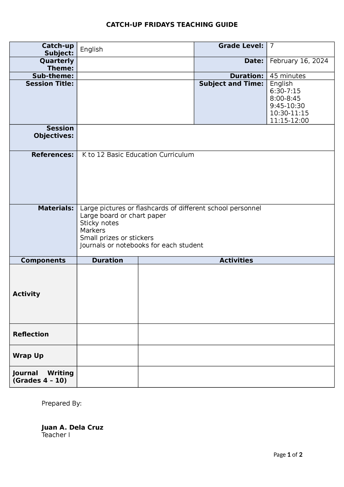 Catch Up Fridays Learning Guide Template Catch Up Fridays Teaching Guide Catch Up Subject 1807