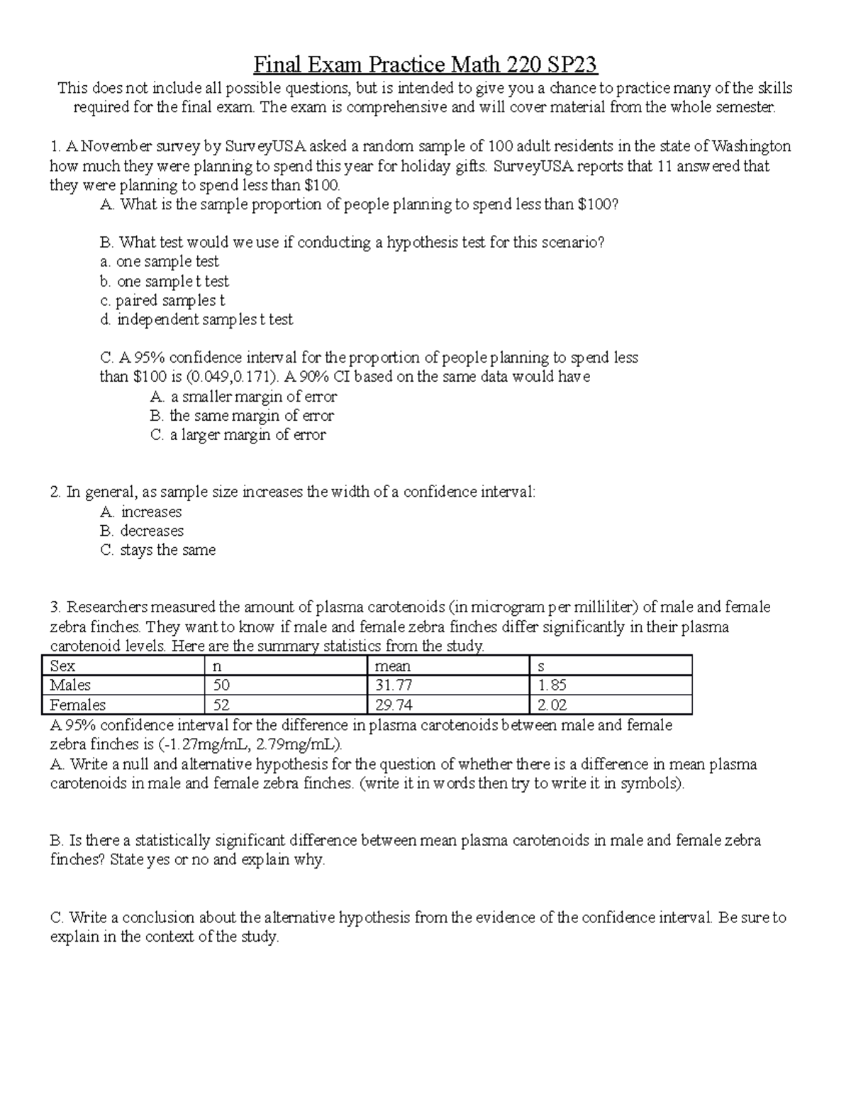 Final Exam Practice Math The exam is comprehensive and will cover