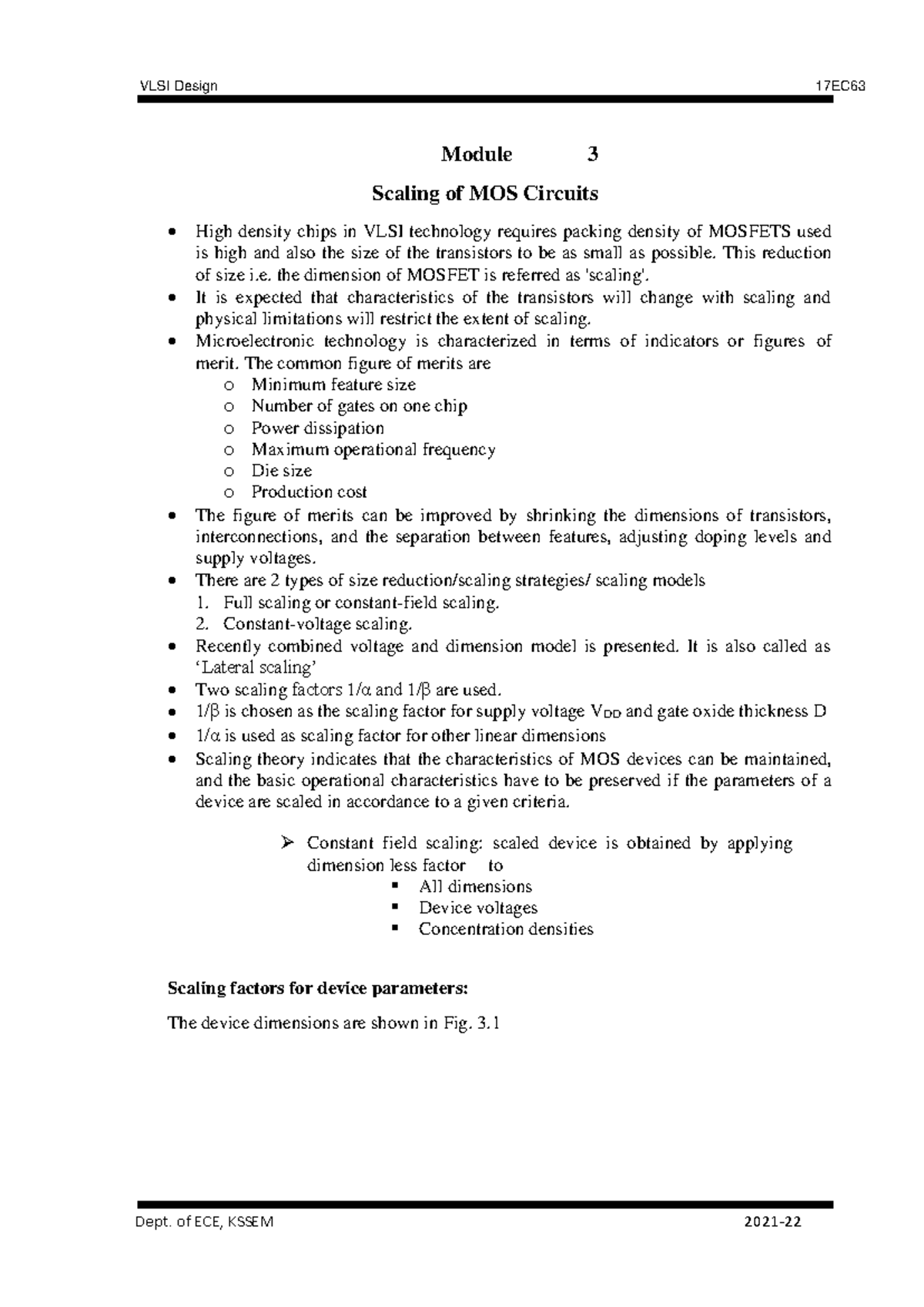 Module-3,4 & 5 - Notes Of VLSI - Module 3 Scaling Of MOS Circuits High ...