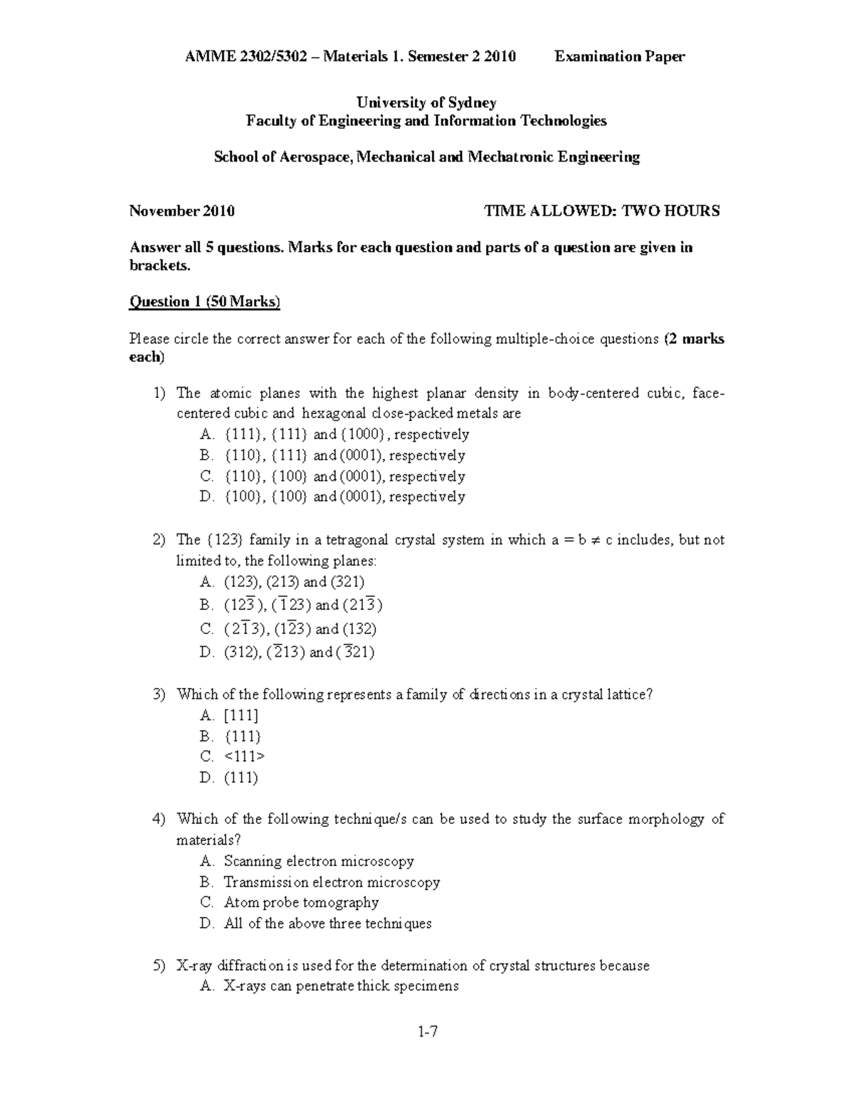 Exam Paper-2010 - Exam questions only - University of Sydney Faculty of ...