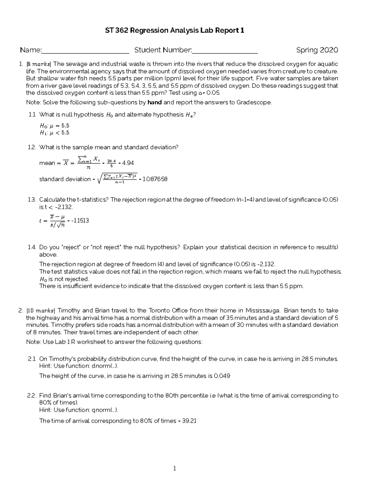 362Assignment 1Sol-S20 - ST 362 Regression Analysis Lab Report 1 Name ...