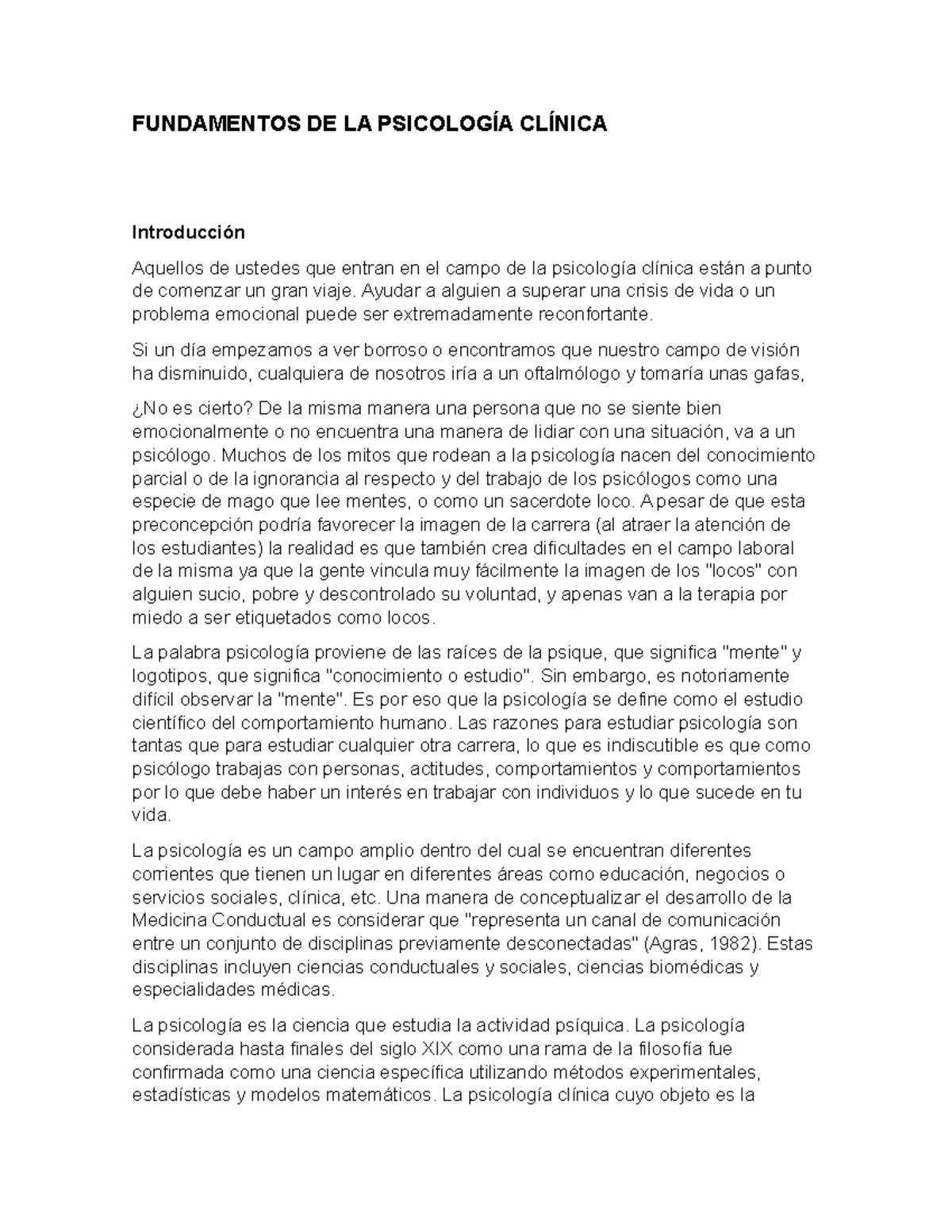 Fundamentos de la psicología clínica FUNDAMENTOS DE LA PSICOLOGÍA CLÍNICA Introducción Fundamentos de la psicología clínica FUNDAMENTOS DE LA PSICOLOGÍA CLÍNICA Introducción