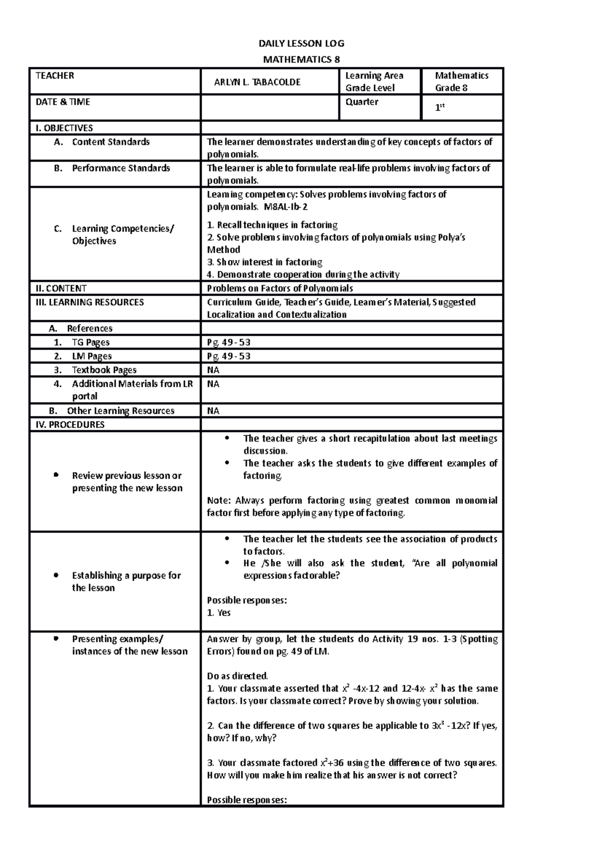 I-Day 6 - lesson plan - DAILY LESSON LOG MATHEMATICS 8 TEACHER ARLYN L ...