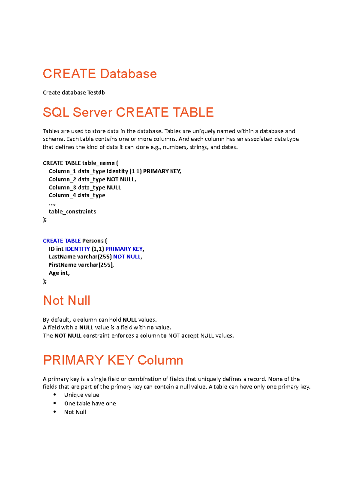 Lecture 2 - CREATE Database Create database Testdb SQL Server CREATE ...