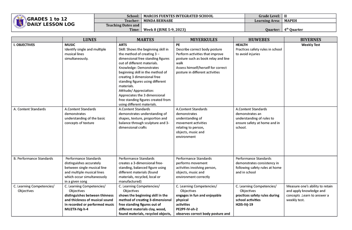 Grade 2 DLL Mapeh 2 Q4 Week 8 - GRADES 1 to 12 DAILY LESSON LOG School ...