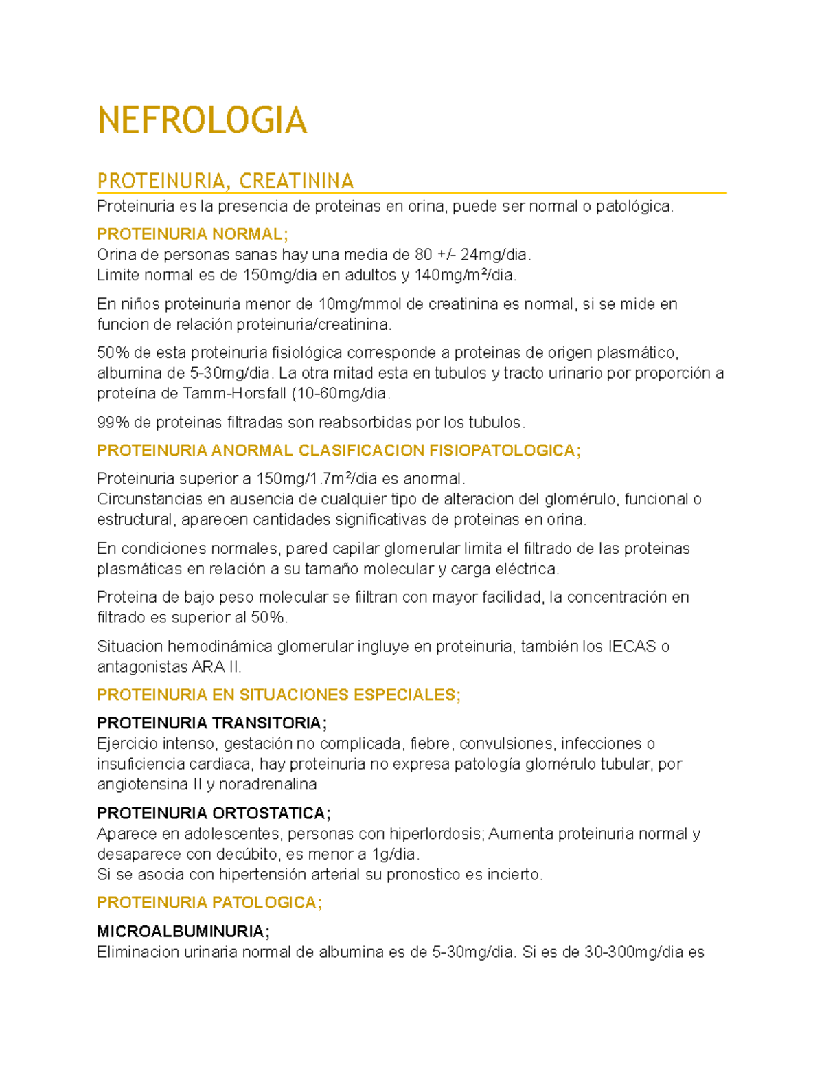 Proteinuria y sus tipos NEFROLOGIA PROTEINURIA, CREATININA