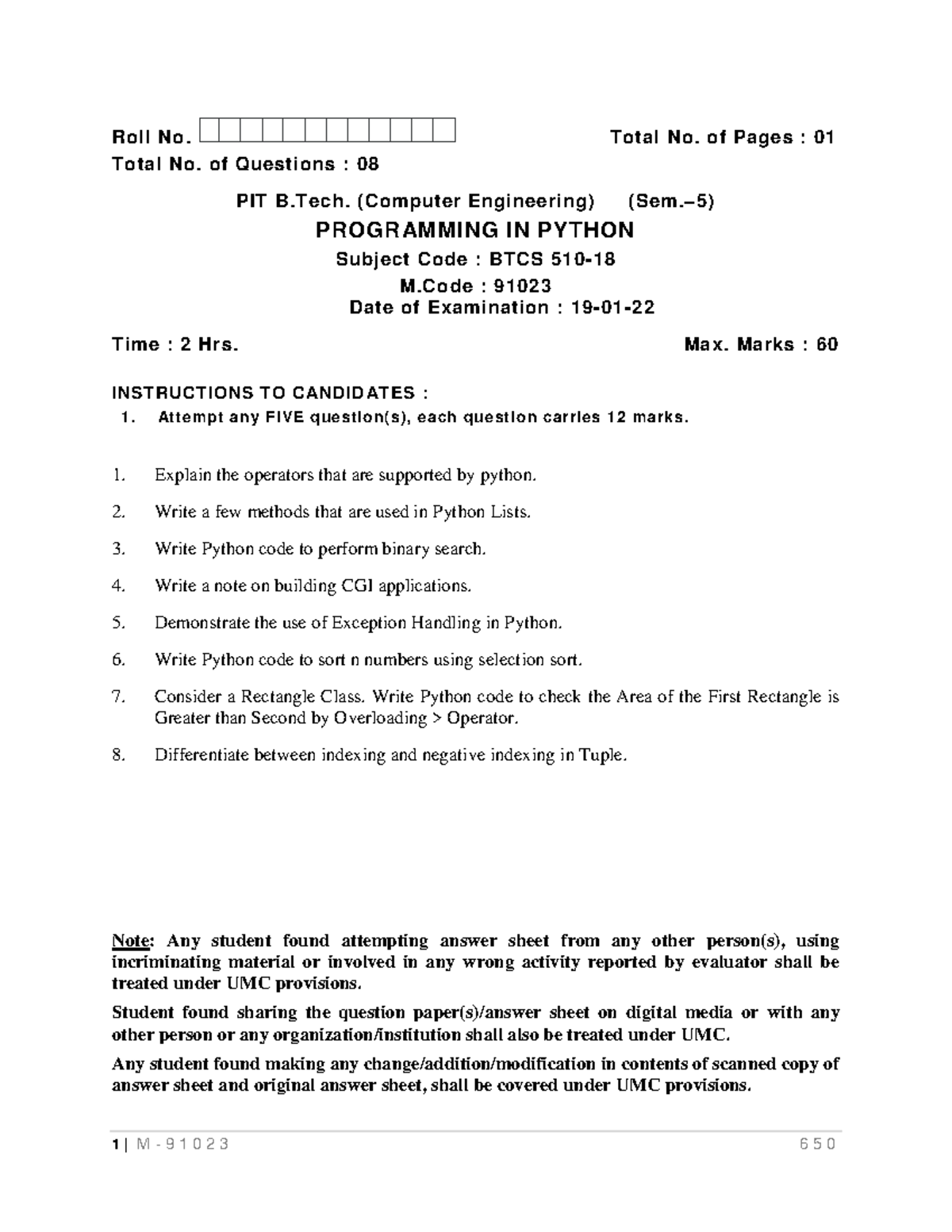 Qp 3 - question paper of python - 1 | M - 9 1 0 2 3 6 5 0 Roll No ...