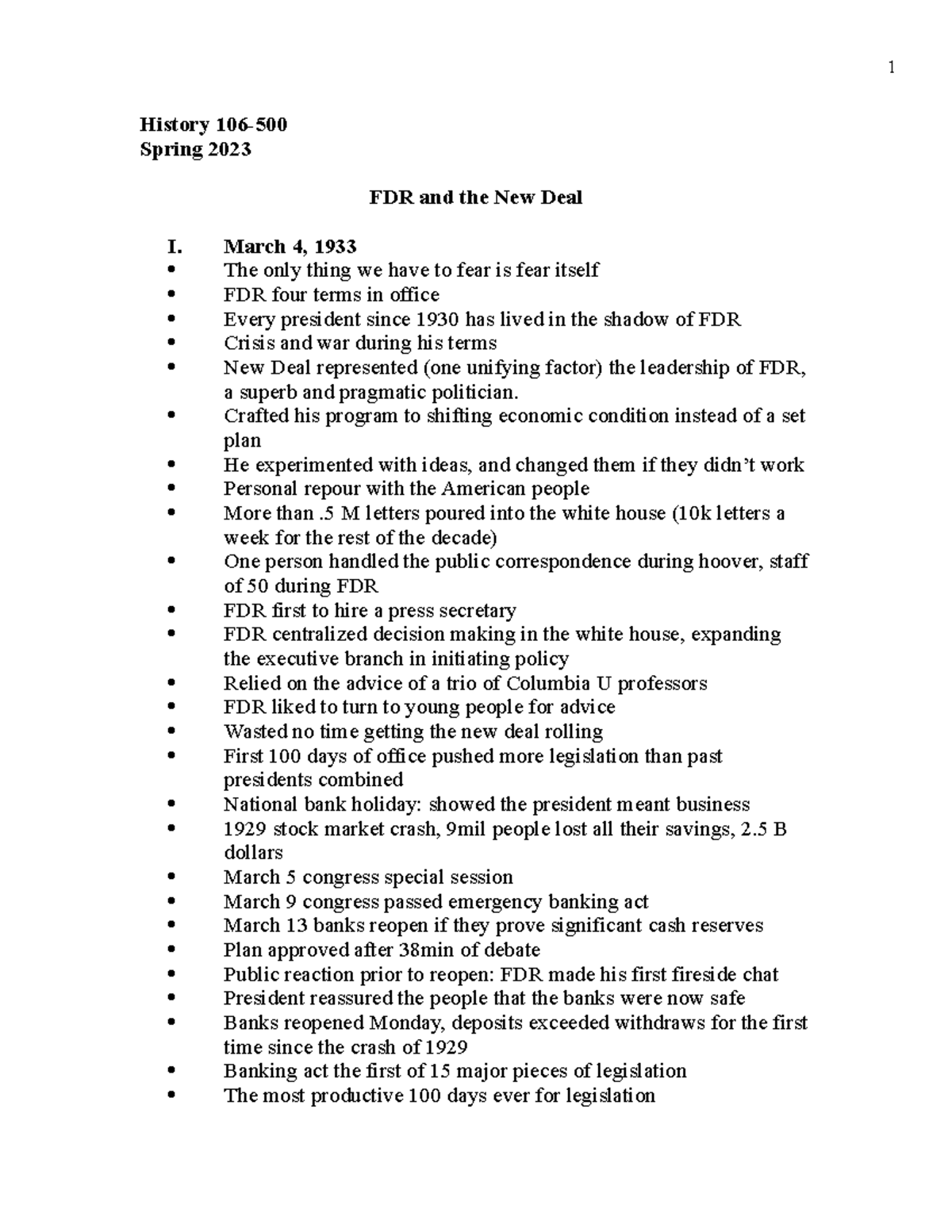 #10 FDR.New.Deal.Outline JJ - History 106- Spring 2023 FDR and the New ...