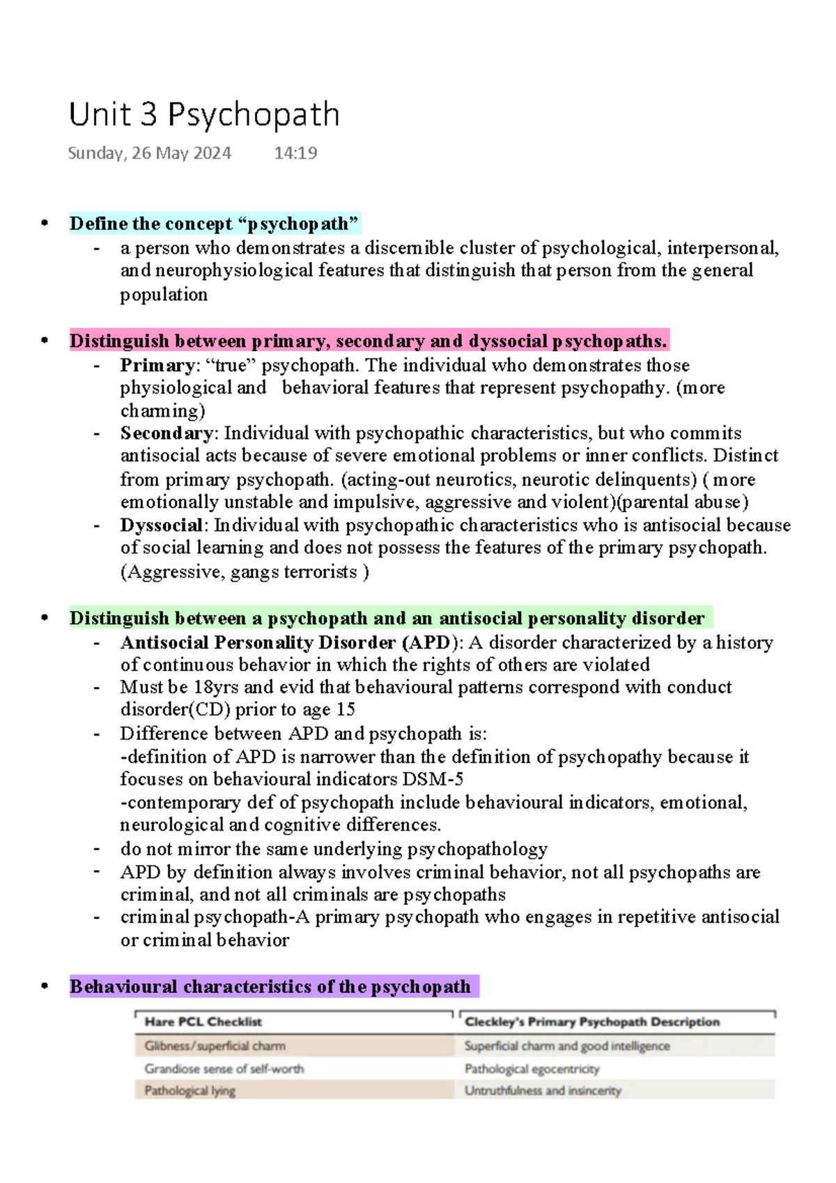 Unit 3 Psychopath - Define the concept “psychopath” a person who ...