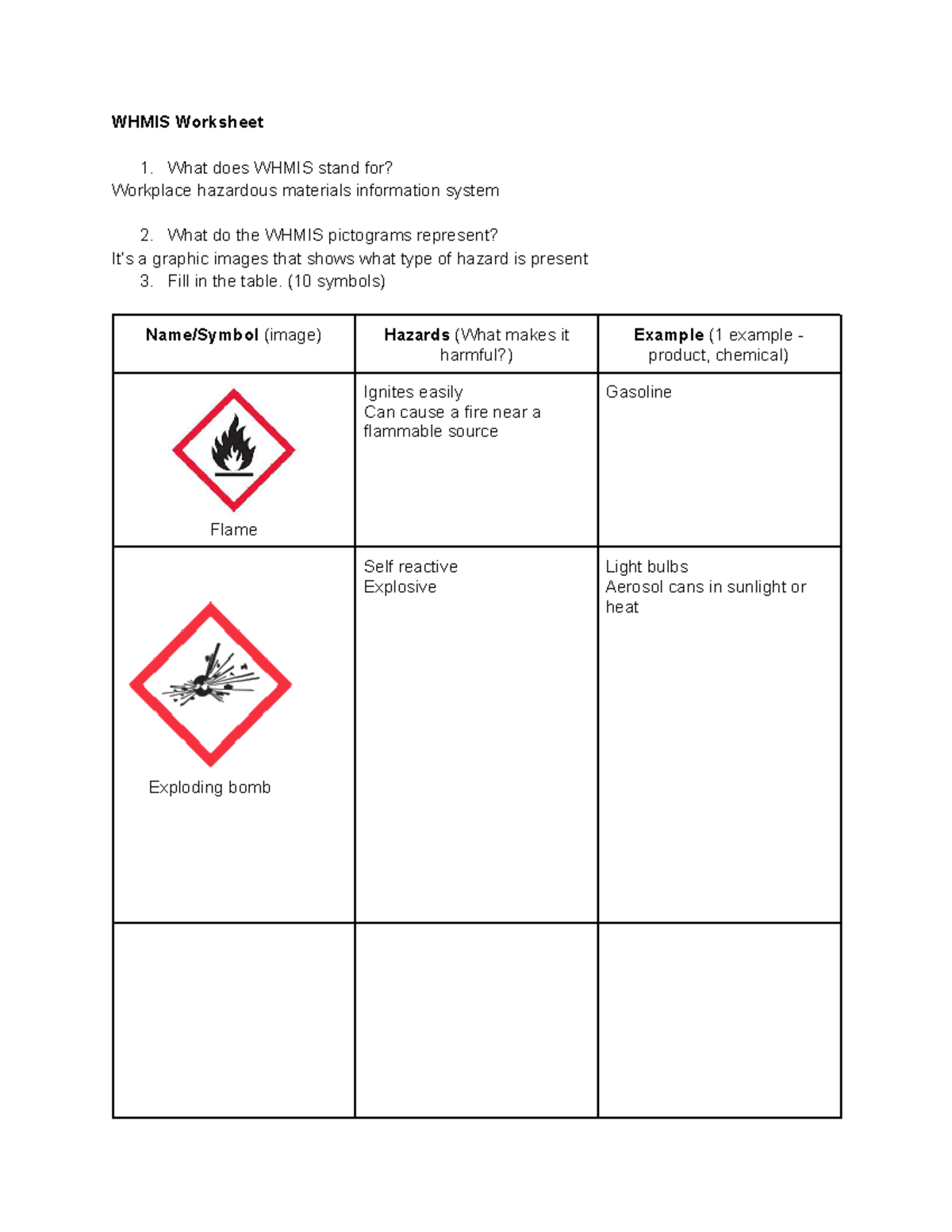 Copy Of Whmis Worksheet-2 - WHMIS Worksheet 1. What Does WHMIS Stand ...