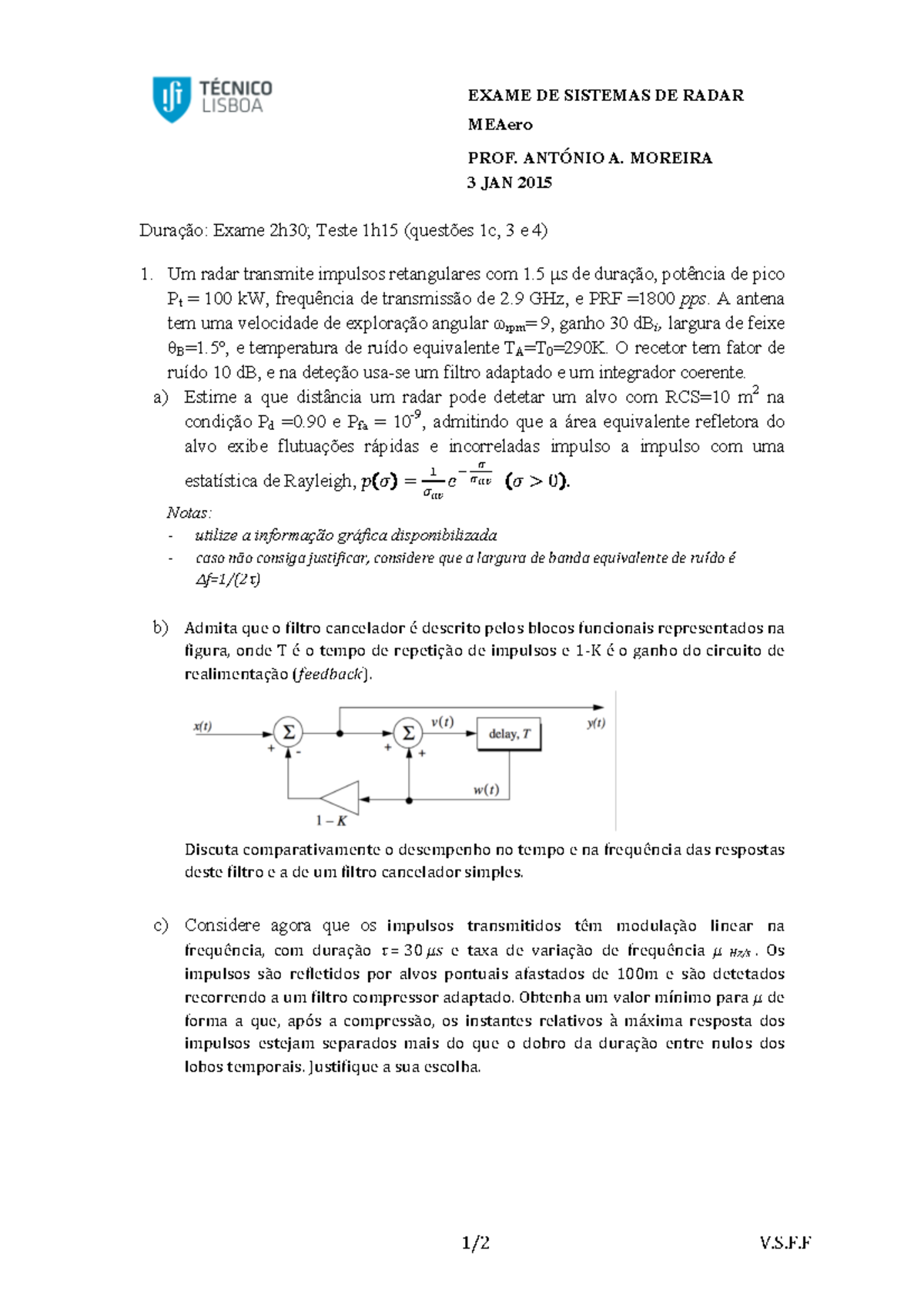 Srad 14 15 1º Exame Com Resolução Exame De Sistemas De Radar Meaero Prof AntÓnio A Moreira 5329