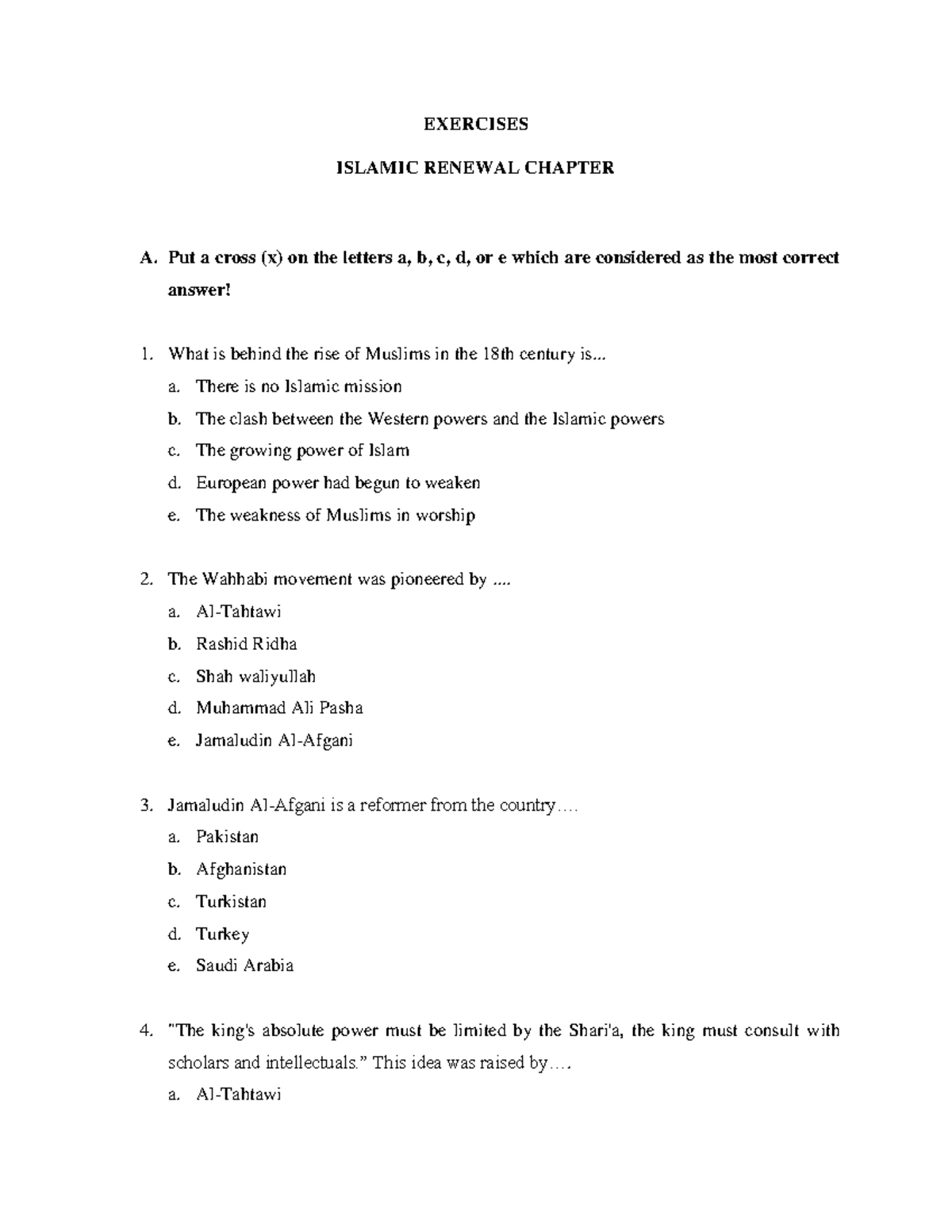 Practice of Islamic renewal - EXERCISES ISLAMIC RENEWAL CHAPTER A. Put ...
