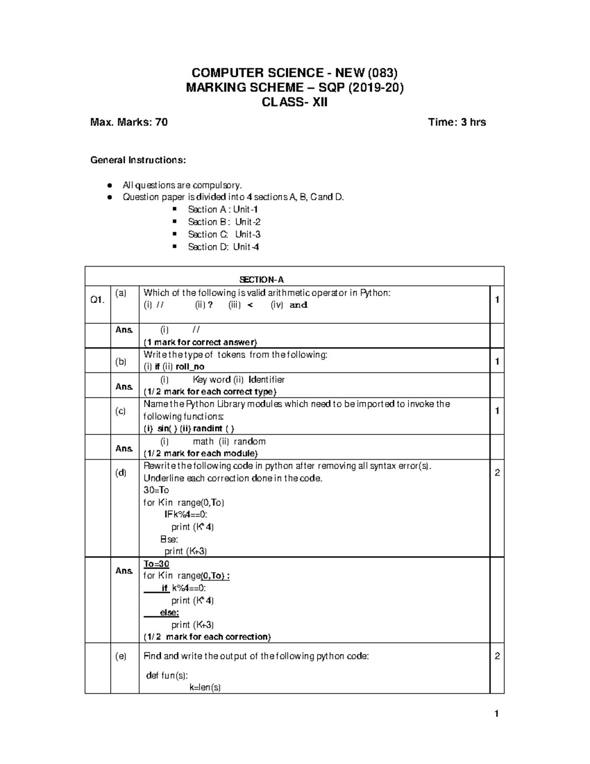 Computer Science MS COMPUTER SCIENCE NEW (083) MARKING SCHEME SQP (201920) CLASS XII Max