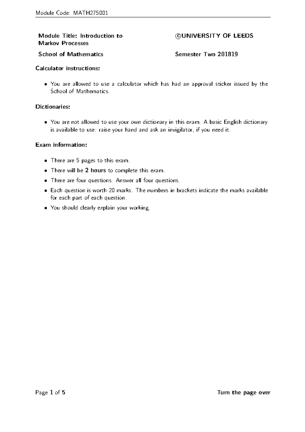 19 MATH2750 01 S2 - Module Title: Introduction To Markov Processes ...