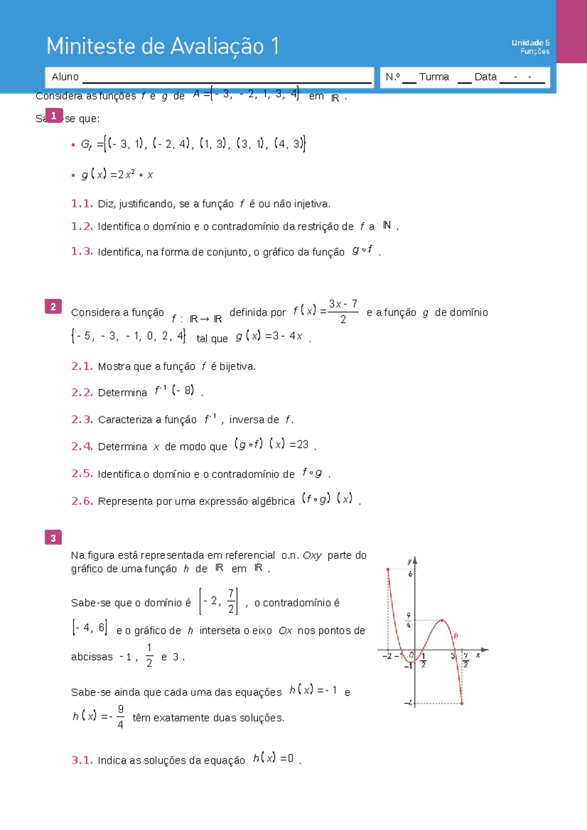 Ficha De Trabalho Miniteste Matemática A 10º Ano Funções Considera