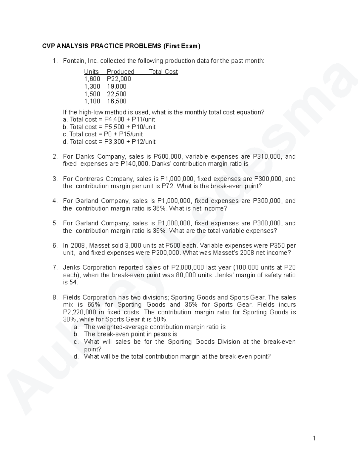 CVP Analysis Practice Problems for First Exam - Aubrey Ledesma CVP ...