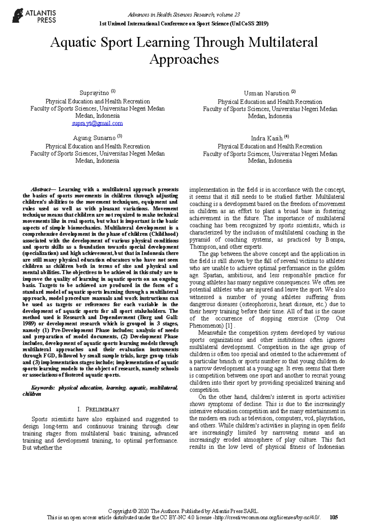 Aquatic Sport Learning Through Multilateral Approa - 1st Unimed ...