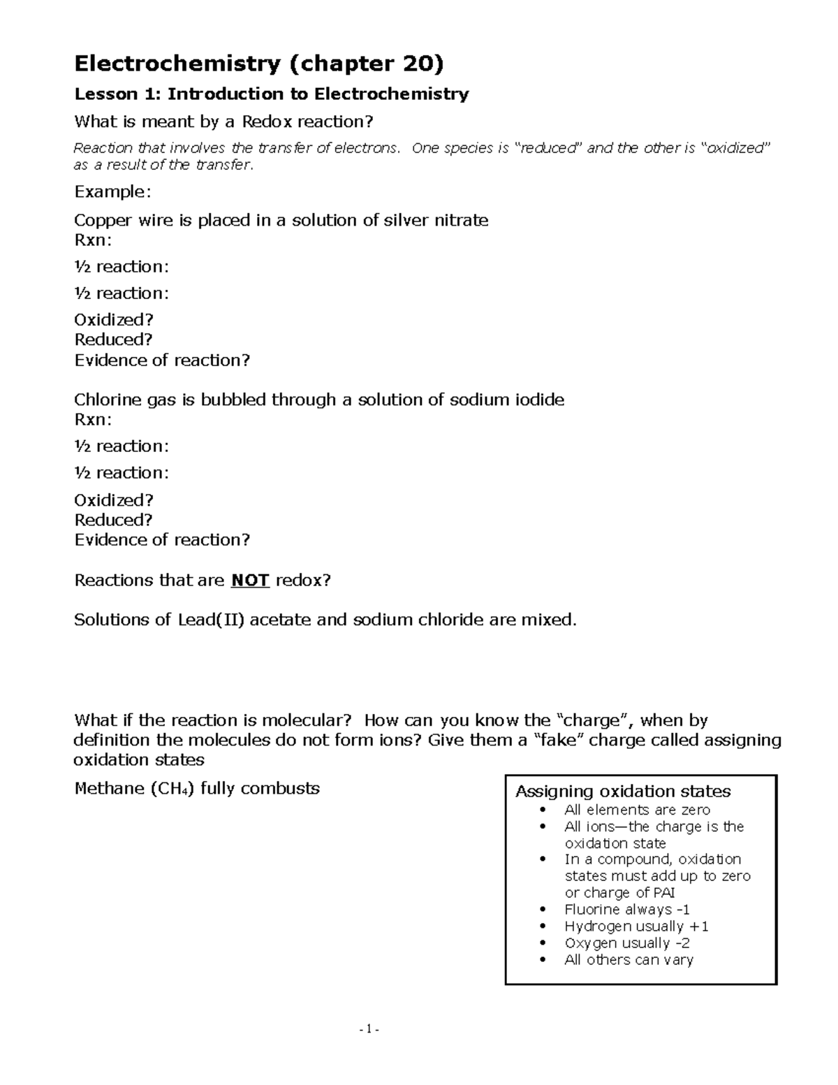 Electrochemistry Lecture Guide - Electrochemistry (chapter 20) Lesson 1 ...