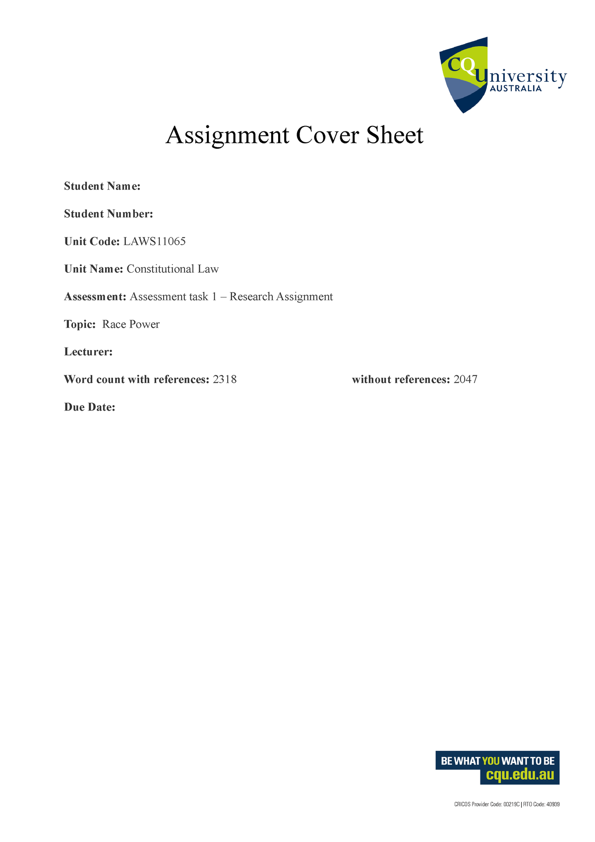 ucc assignment cover sheet