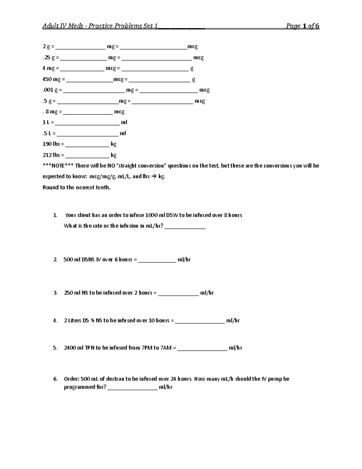 N444 Math Practice Set 1 - 2 g = _________________ mg ...