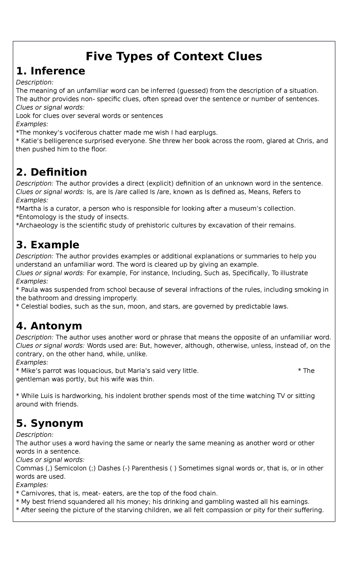 Context Clue Five Types Of Context Clues 1 Inference Description 