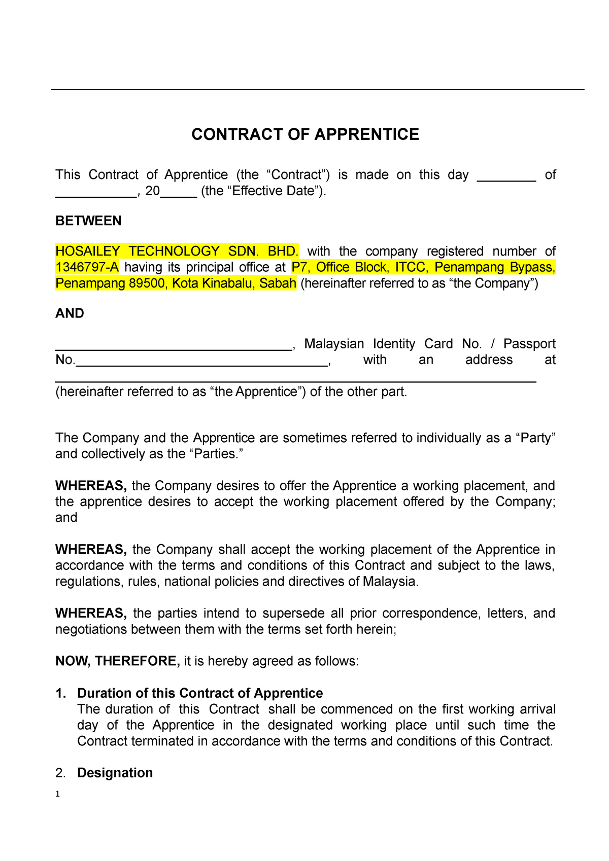 Apprentice contract - CONTRACT OF APPRENTICE This Contract of ...