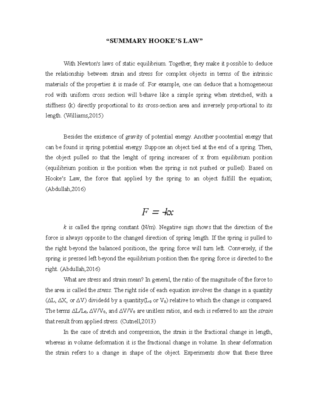 Summary Hooke “SUMMARY HOOKE’S LAW” With Newton's laws of static