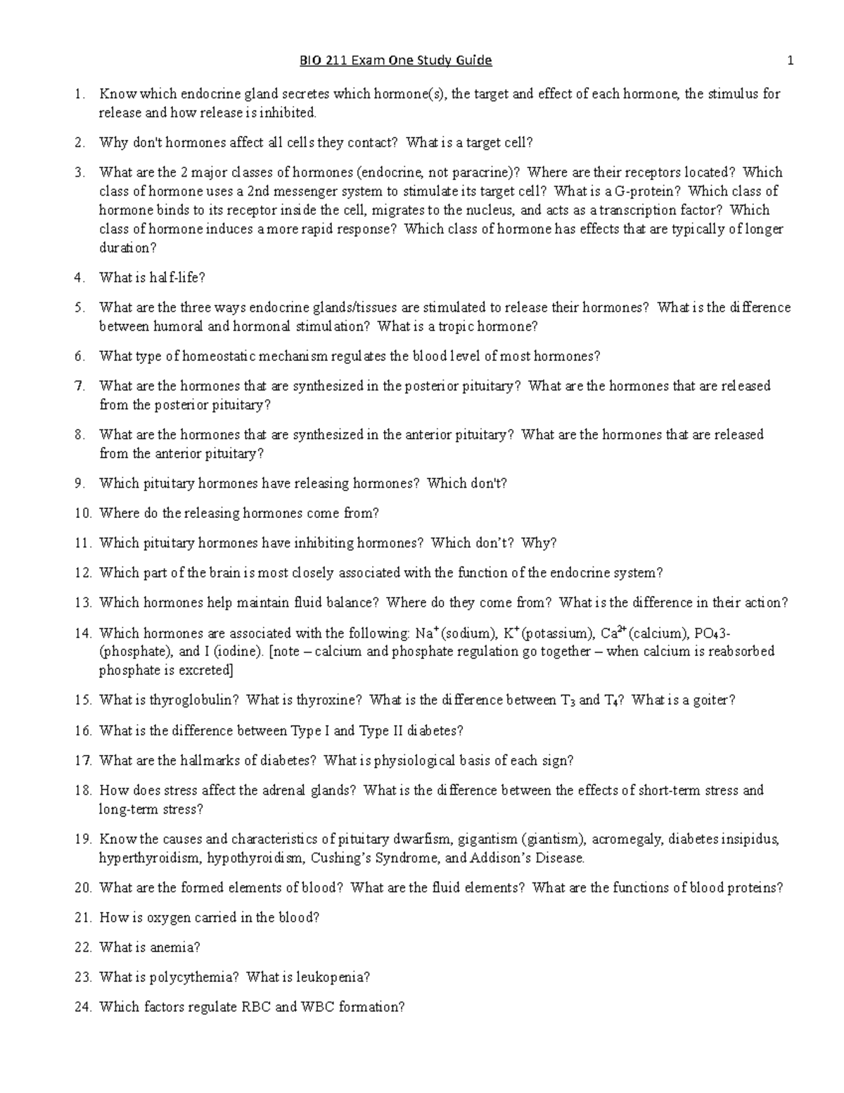 Study guide Exam 1 BIO 211 - BIO 211 Exam One Study Guide 1 Know which ...