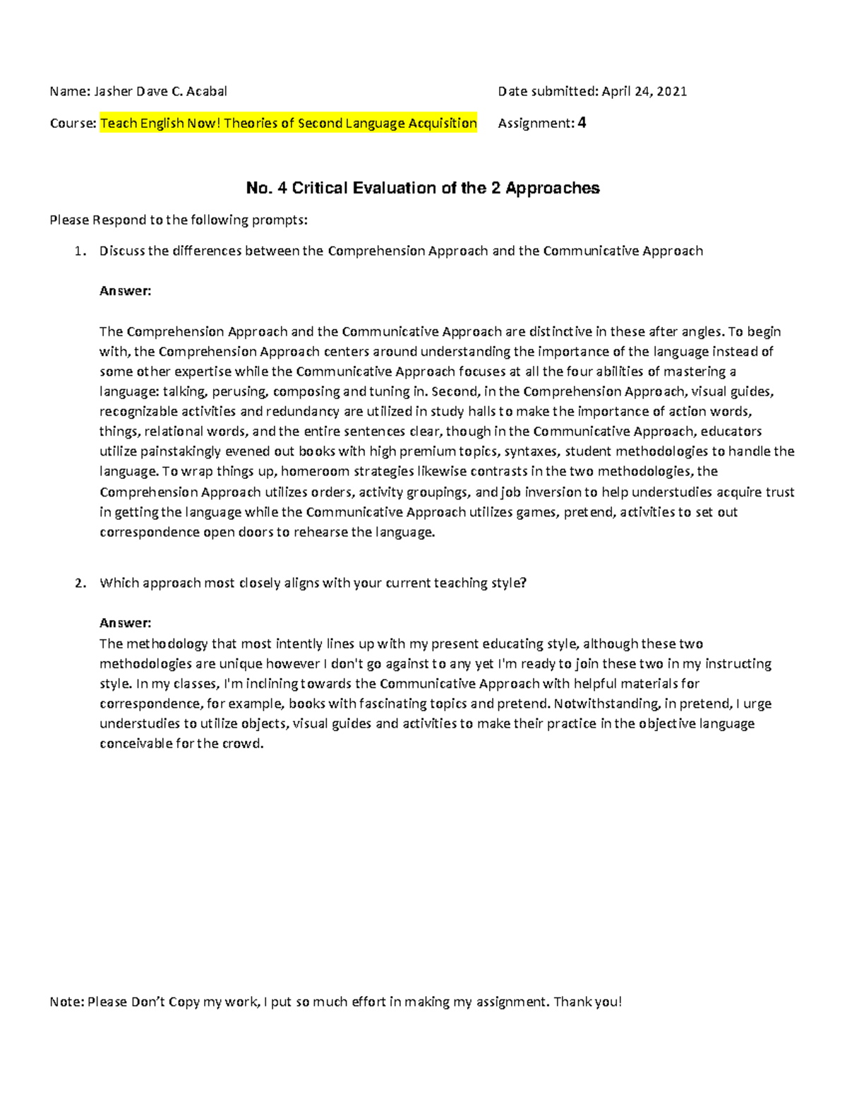 Tesol (c2) Week 4 Assignment - Name: Jasher Dave C. Acabal Date 