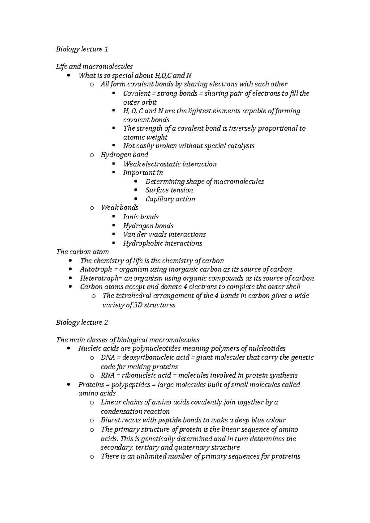 Lecture notes, lectures 1-4 - Biology lecture 1 Life and macromolecules ...
