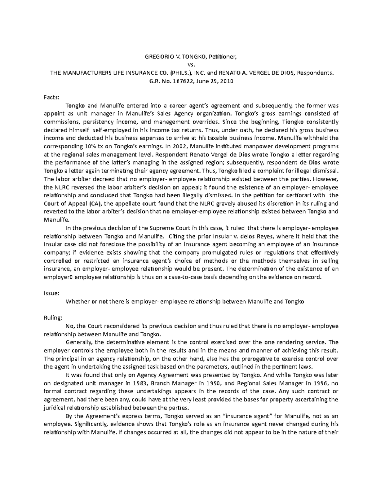 Gregorio Tongko VS. Manulife - GREGORIO V. TONGKO, Petitioner, vs. THE ...