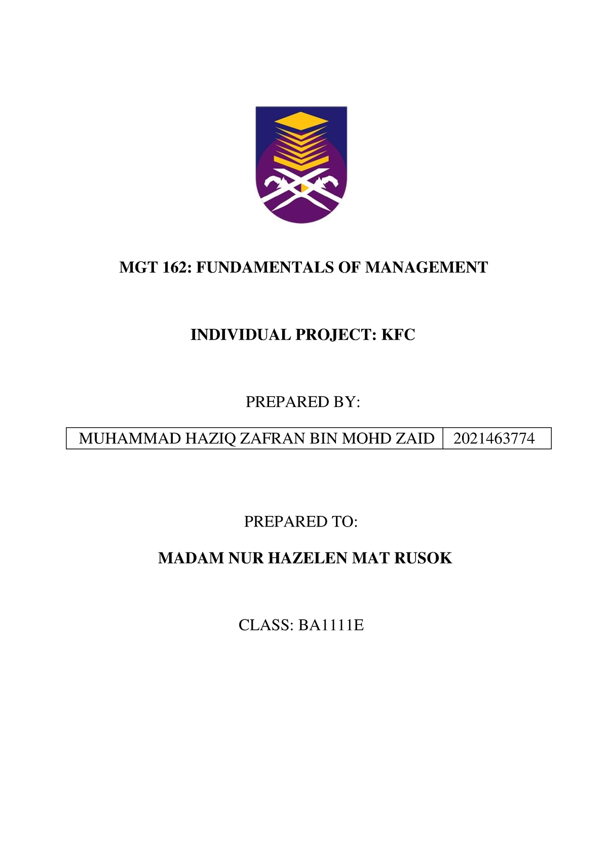 mgt162 assignment company uitm