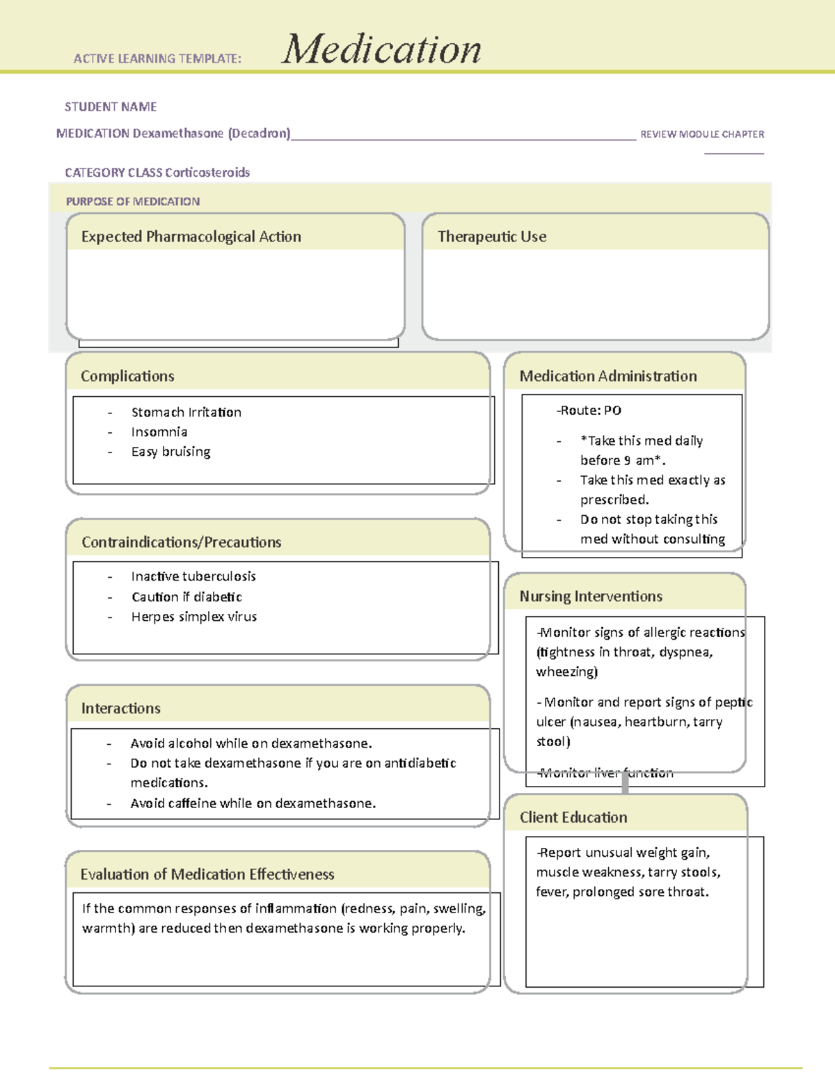 Medication Template Day 1 STUDENT NAME MEDICATION Dexamethasone Studocu