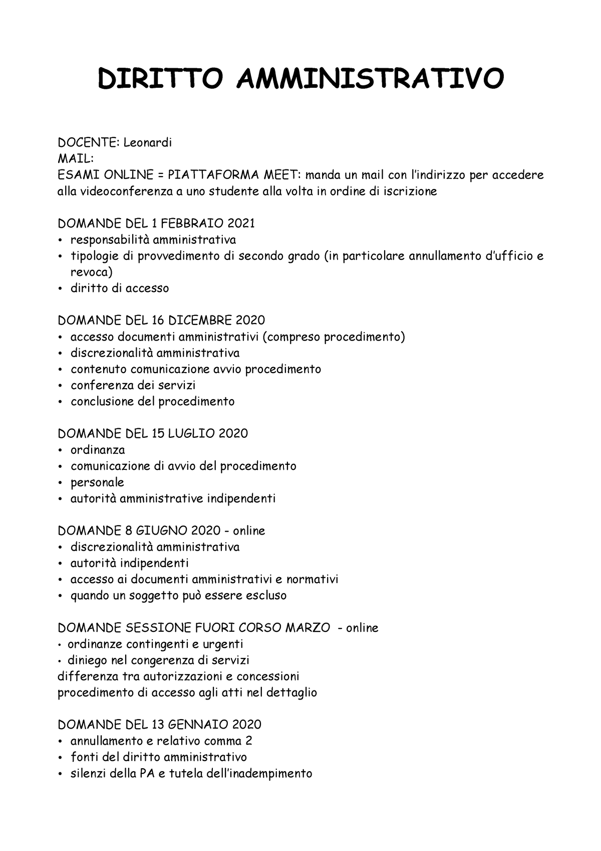 Domande amministrativo DIRITTO AMMINISTRATIVO DOCENTE Leonardi MAIL