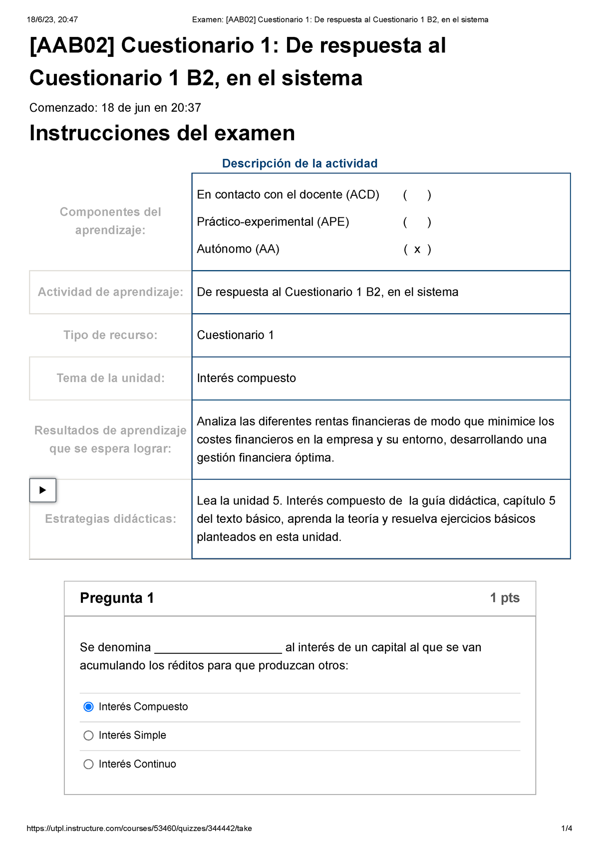 Examen [AAB02] Cuestionario 1 De Respuesta Al Cuestionario 1 B2, En El ...