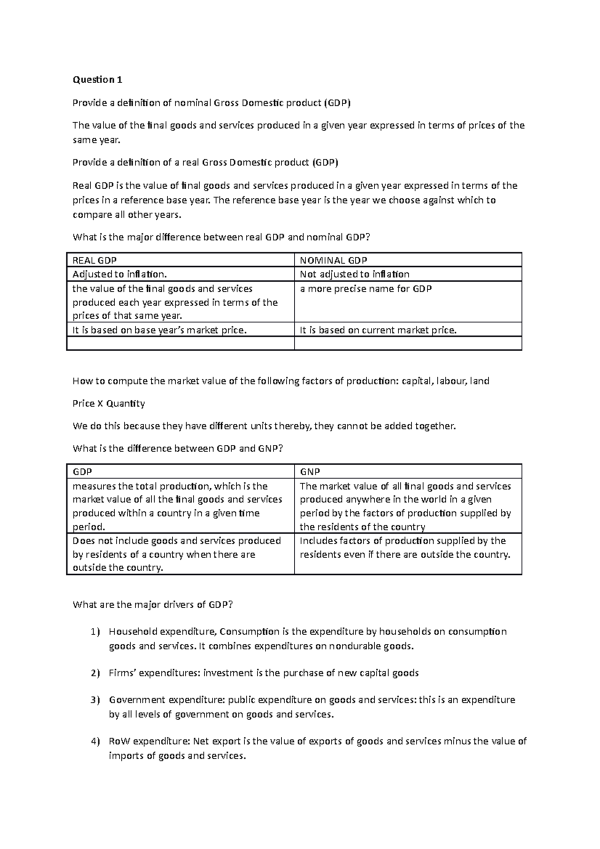 Economics revision 3 Question 1 Provide a definition of nominal Gross