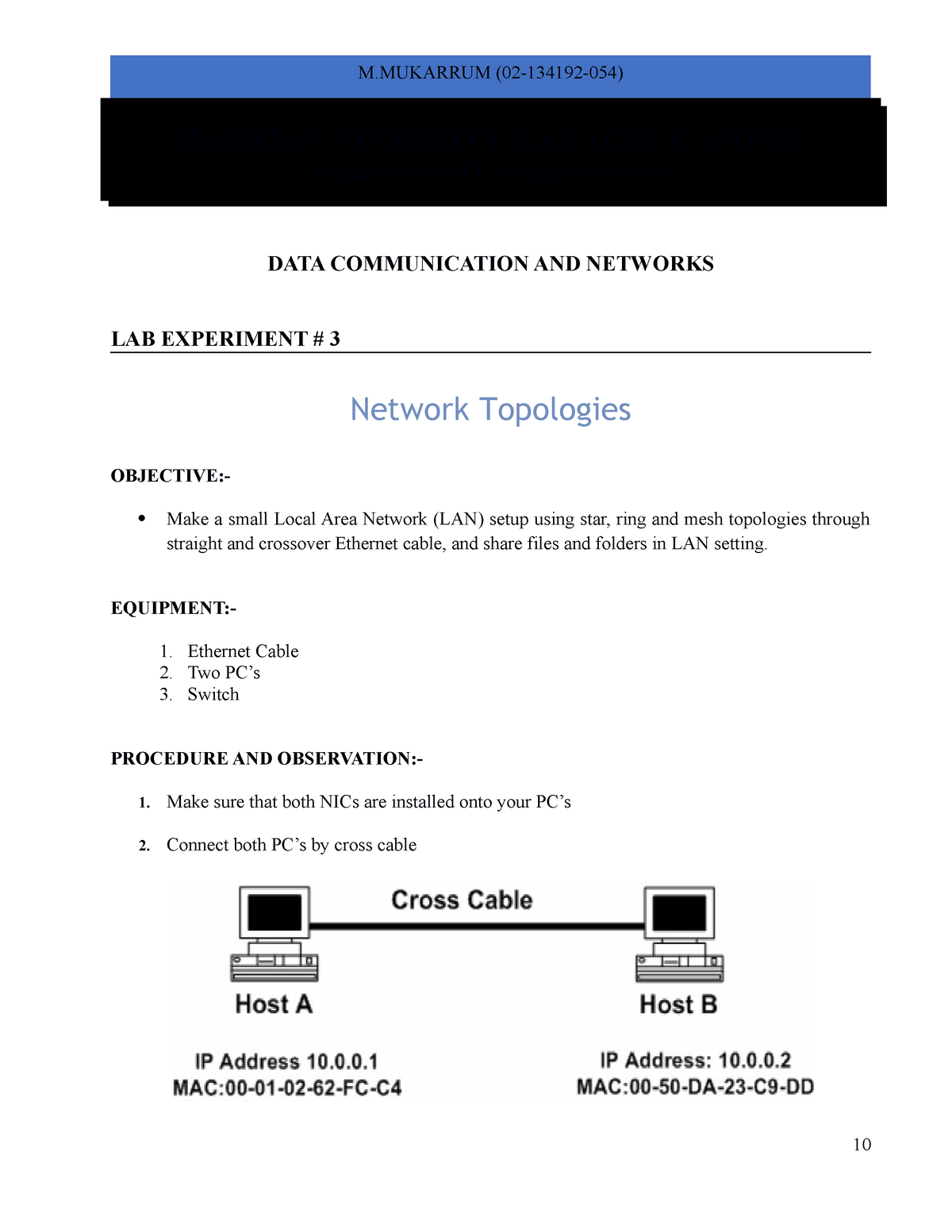 Lab 3 Network Topologies - BAHRIA UNIVERSITY KARACHI CAMPUS Department ...