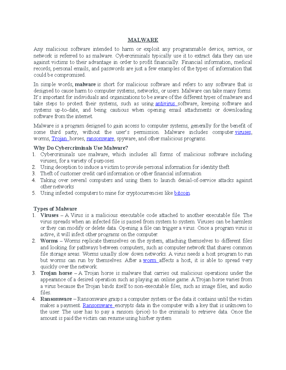 Malware - MALWARE Any malicious software intended to harm or exploit ...
