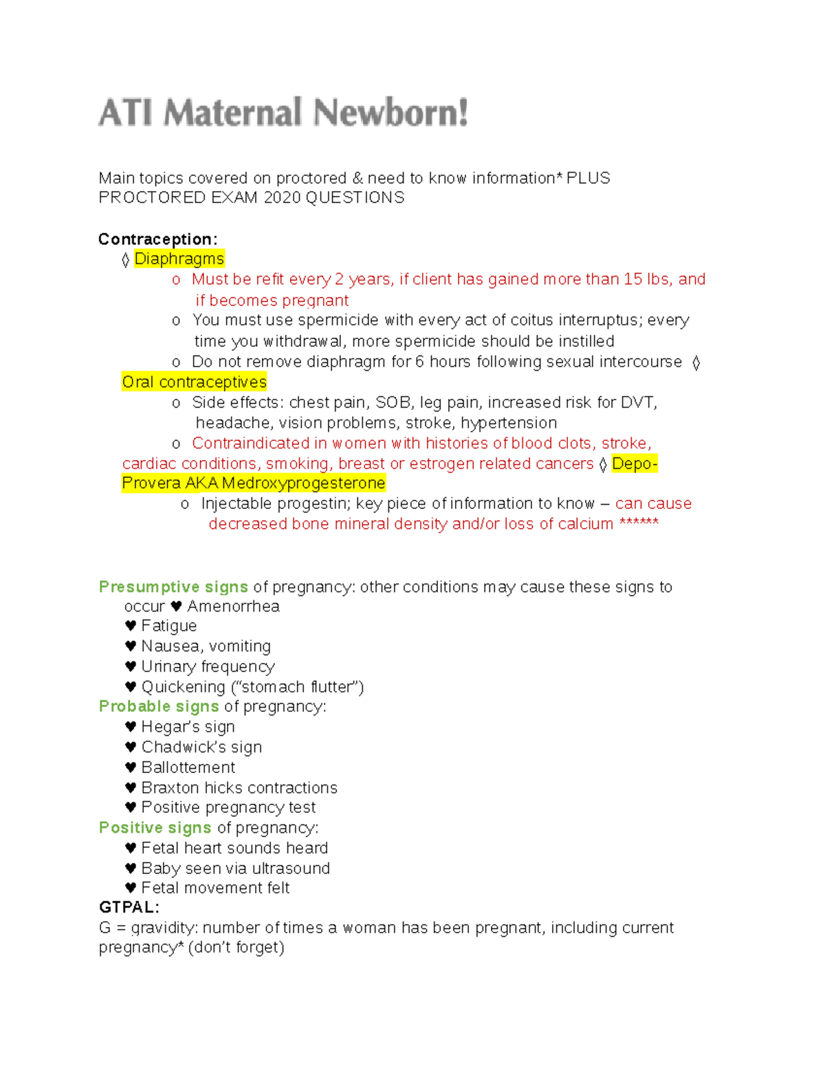 ATIMaternal Newborn - Main topics covered on proctored & need to know ...