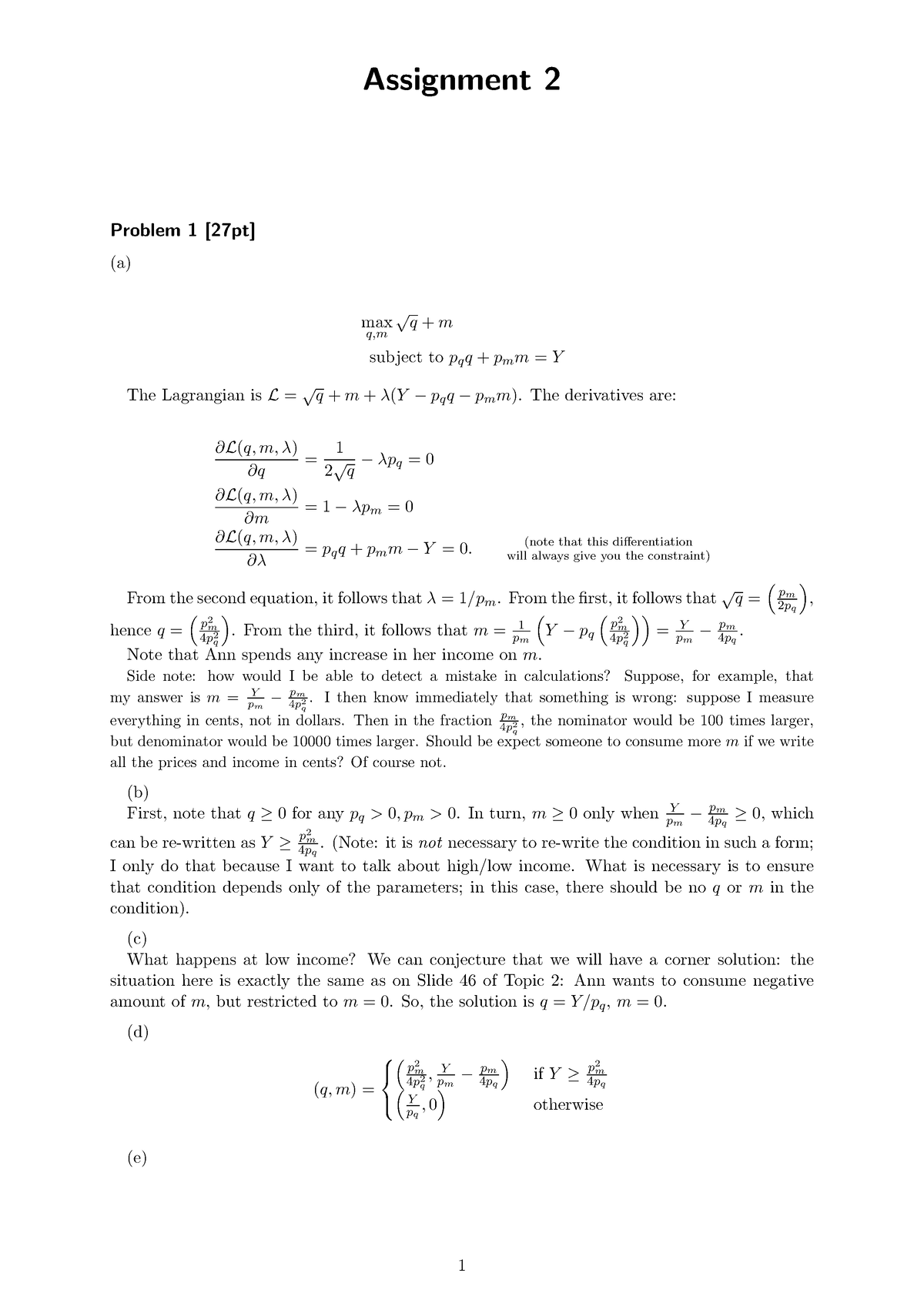 ECON30010 2021 Assignment 2 Solutions - Assignment 2 Problem 1 [27pt ...