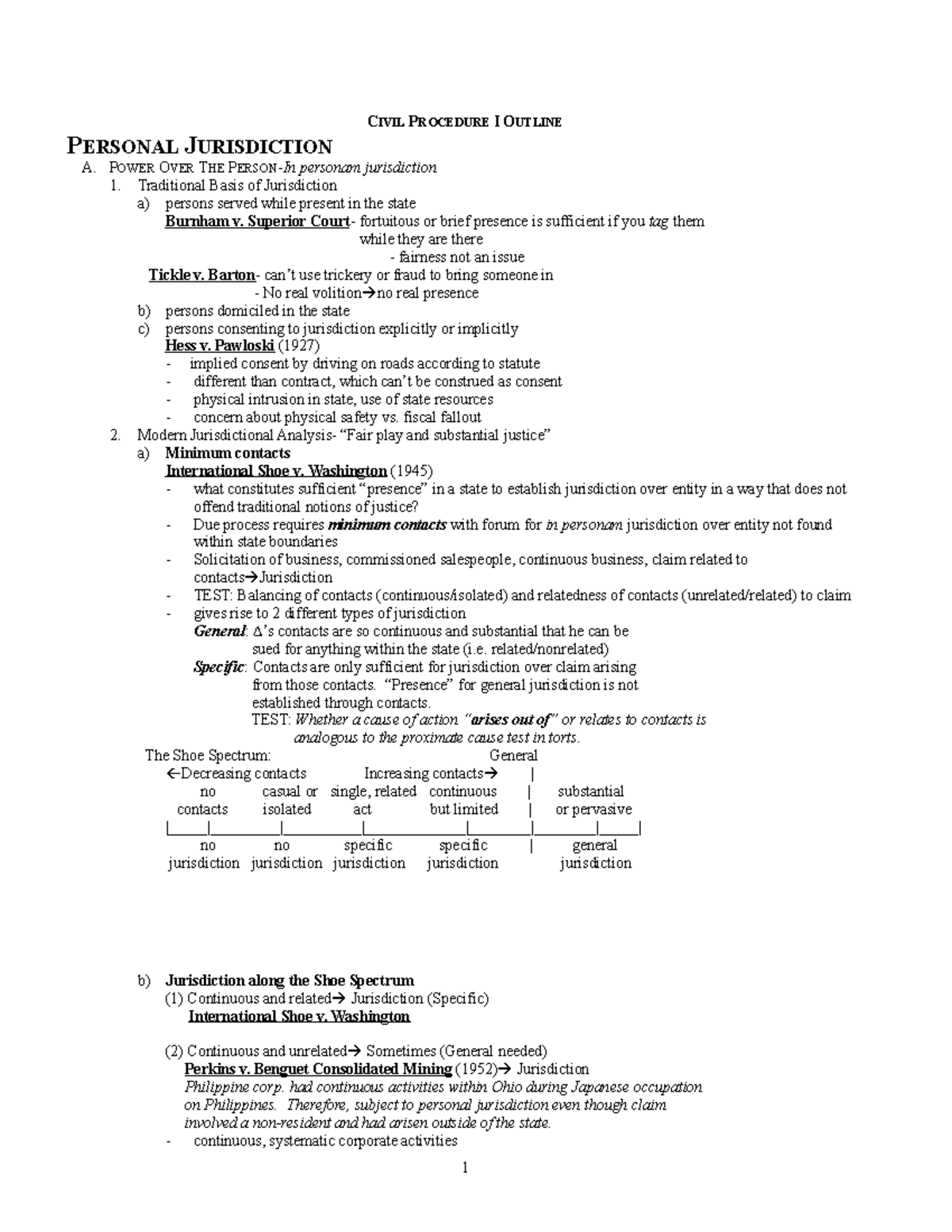 CIV PRO - Outline - CIVIL PROCEDURE I OUTLINE PERSONAL JURISDICTION A ...