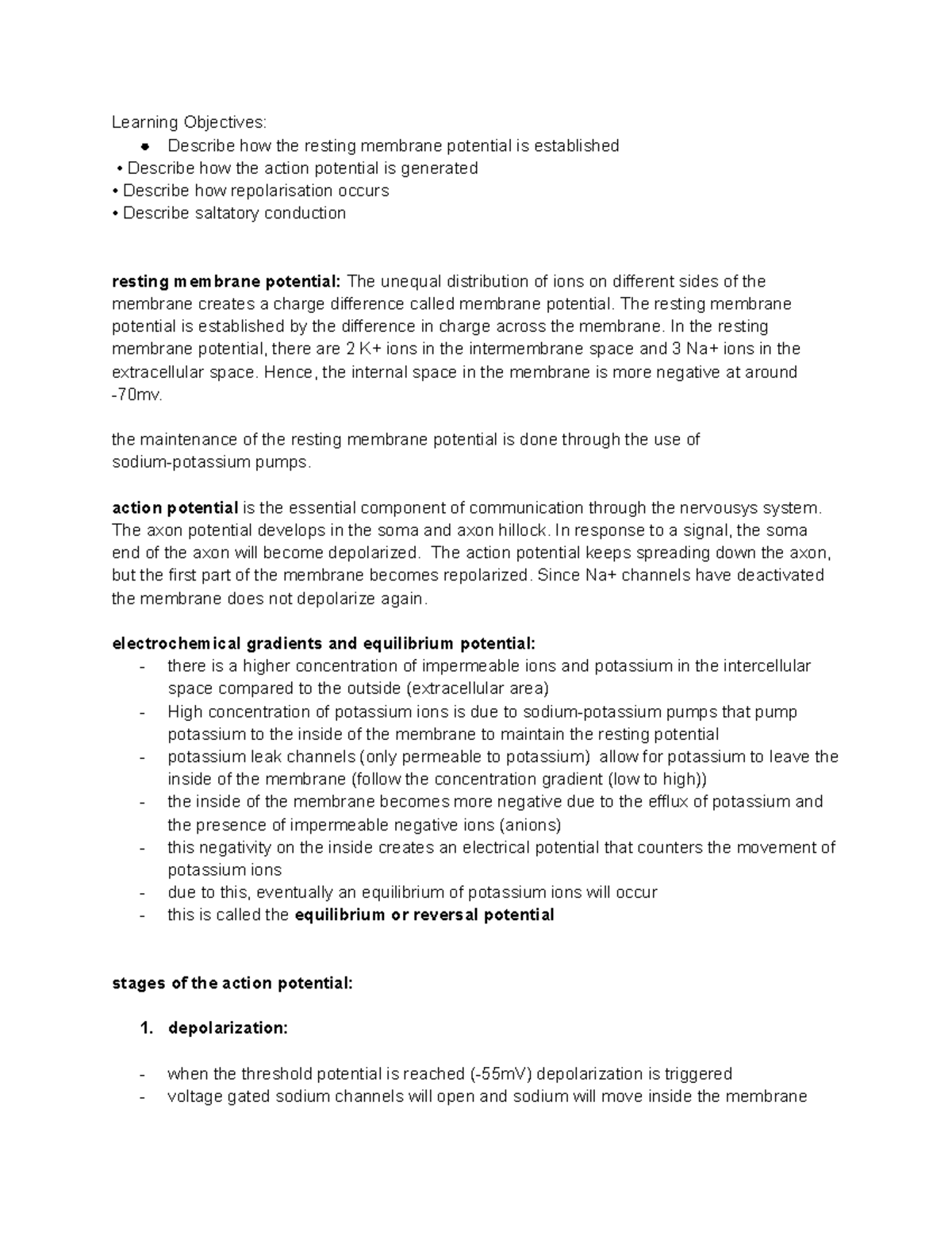 Action potential Notes - Learning Objectives: Describe how the resting ...