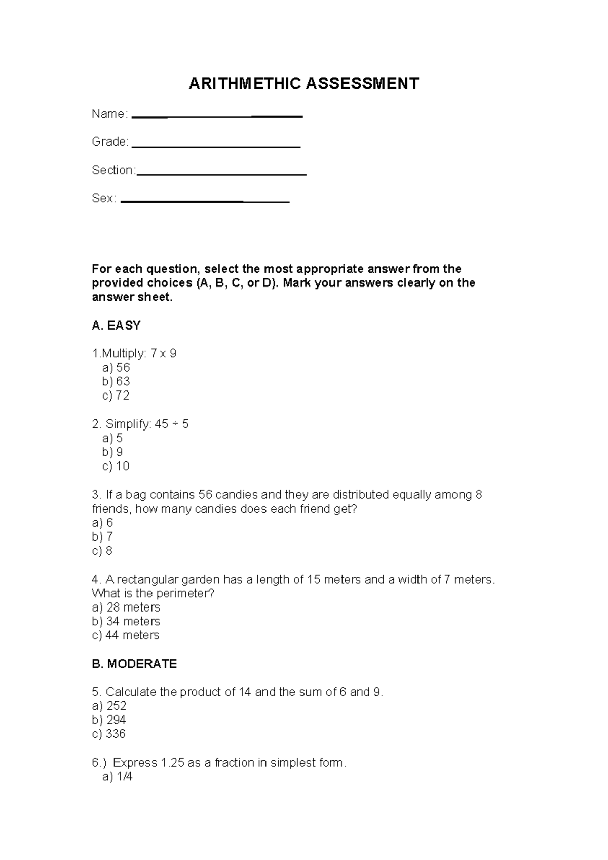 Arithmetic Arithmethic Assessment Name Grade Section Sex For Each Question Select The 9462