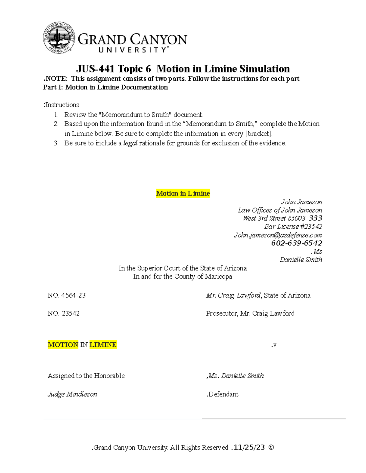 JUS-441 T6 Motion In Limine Updated - JUS-441 Topic 6 Motion In Limine ...