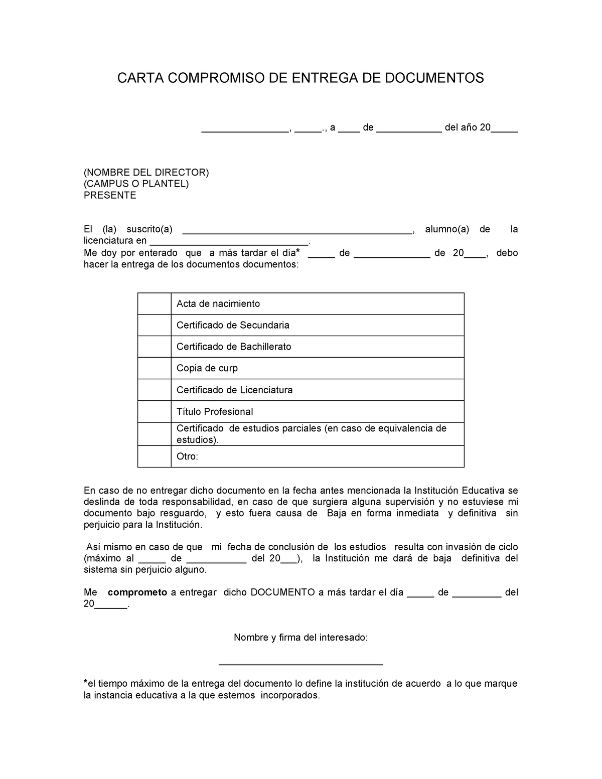 Carta Compromiso De Entrega De Documentos Ejemplos Y 1016