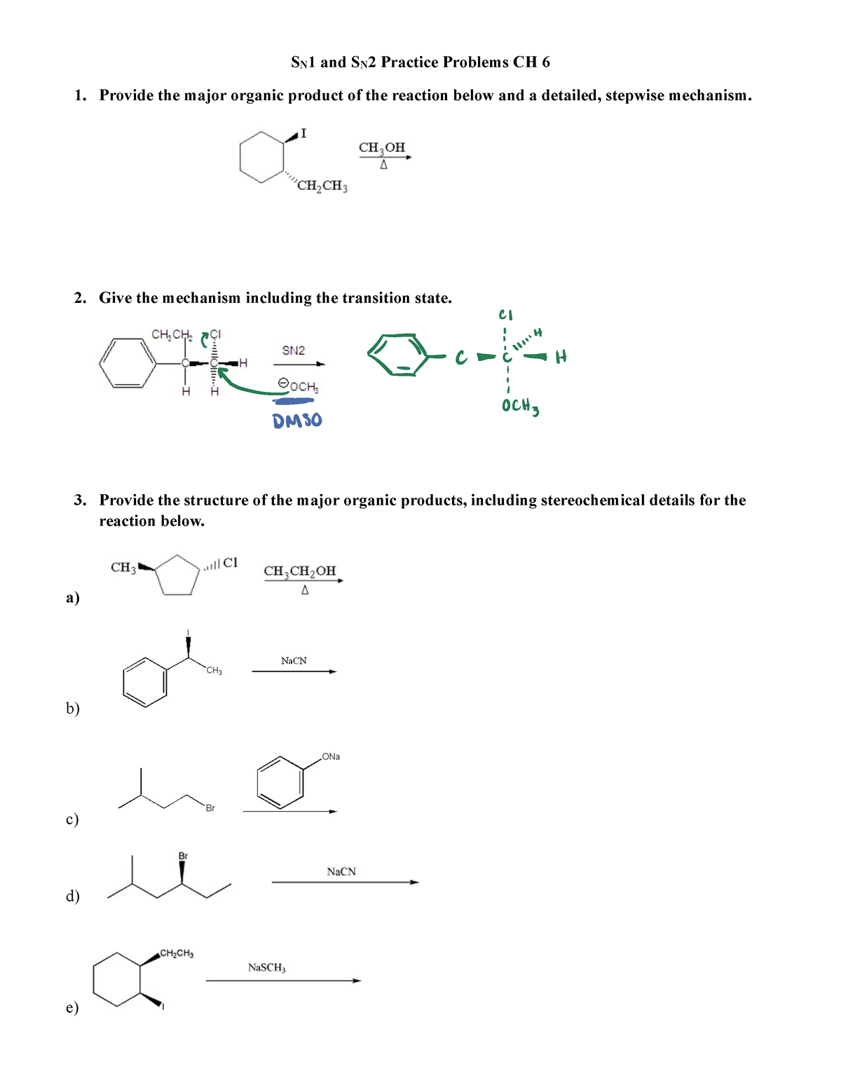 SN1 And SN2 Practice Problems CH 6 - Give The Mechanism Including The ...